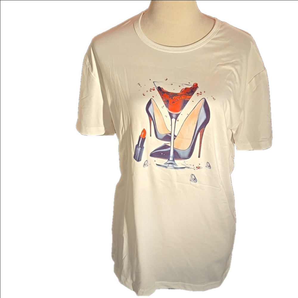 Chase Short Sleeved Tee High Heels Lipstick Wine Glass Women's XXL